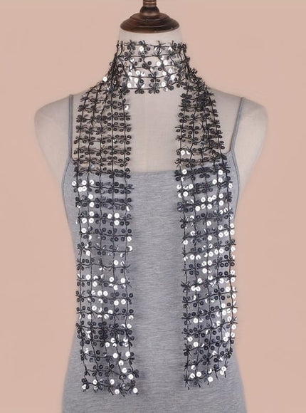 jkthpu-45 Elegant Black & Silver / Generous 8x160cm Sparkle  Style Versatile Sequined Embroidered Scarf