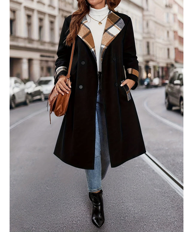 jkthpu-45 Elegant Black  Tan Plus Size ColorBlock Winter Coat