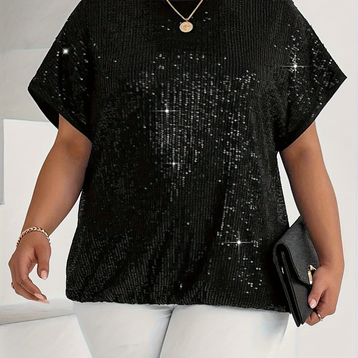jkthpu-45 Elegant Black / UK Size 16 Elegant Plus Size Festive Party Short Sleeve TShirt