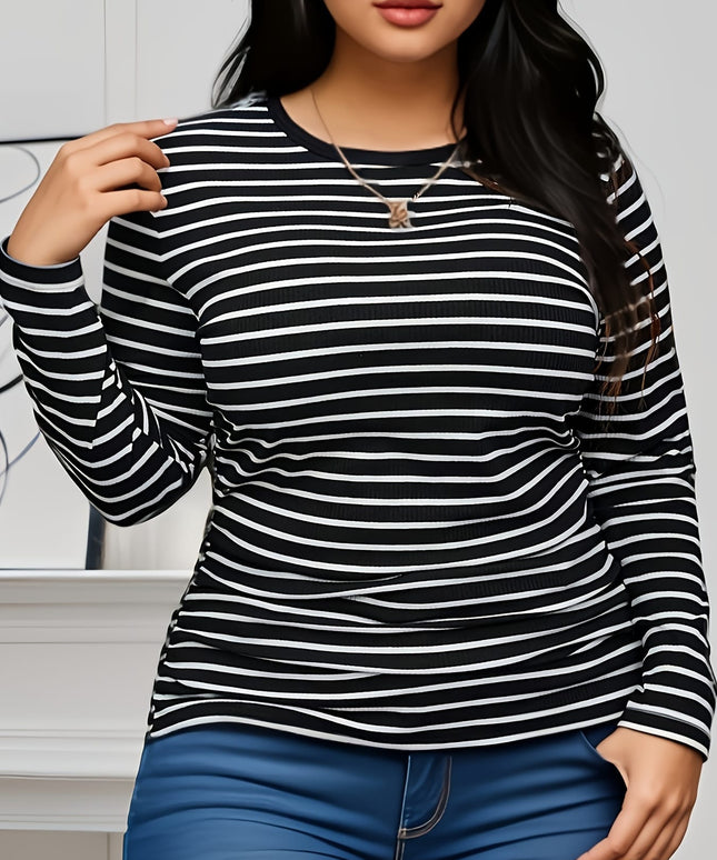 jkthpu-45 Elegant Black  White Stripe Plus Size Long Sleeve TShirt
