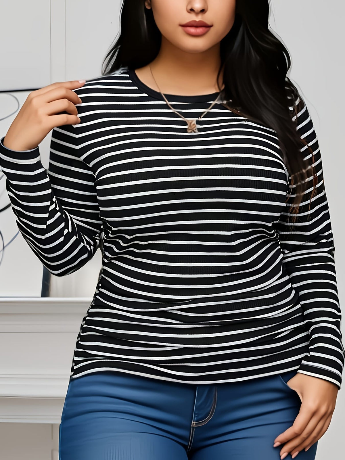 jkthpu-45 Elegant Black  White Stripe Plus Size Long Sleeve TShirt