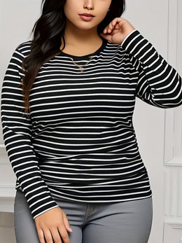 jkthpu-45 Elegant Black  White Stripe Plus Size Long Sleeve TShirt
