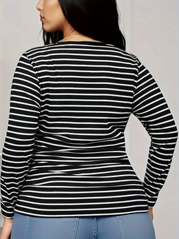 jkthpu-45 Elegant Black  White Stripe Plus Size Long Sleeve TShirt