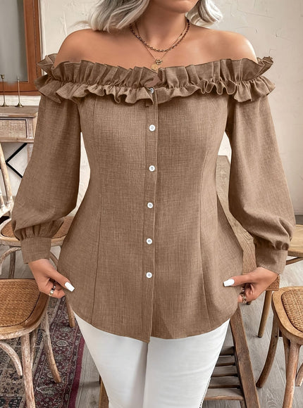 jkthpu-45 [Elegant Blouse] Polyester Elegant Off-Shoulder Ruffle Blouse for
