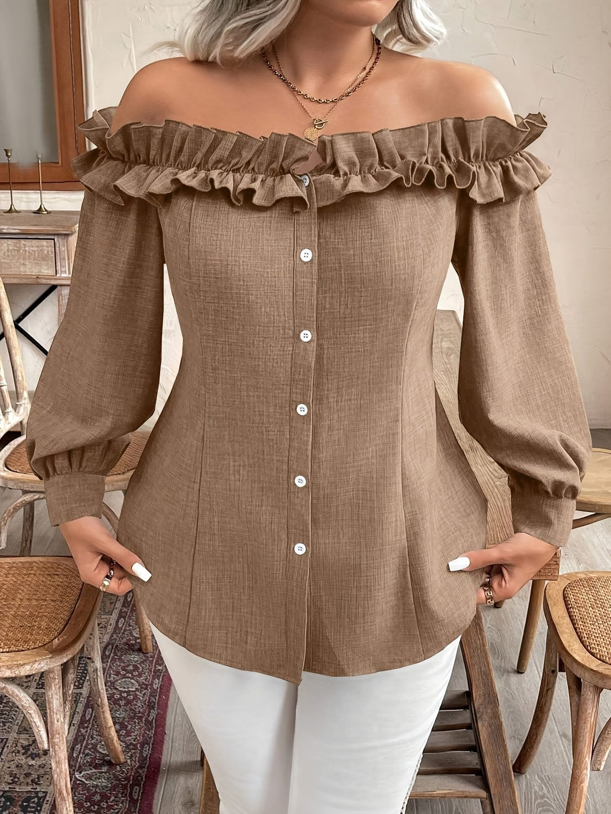 jkthpu-45 [Elegant Blouse] Polyester Elegant Off-Shoulder Ruffle Blouse for