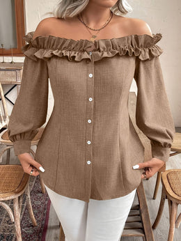 jkthpu-45 [Elegant Blouse] Polyester Elegant Off-Shoulder Ruffle Blouse for