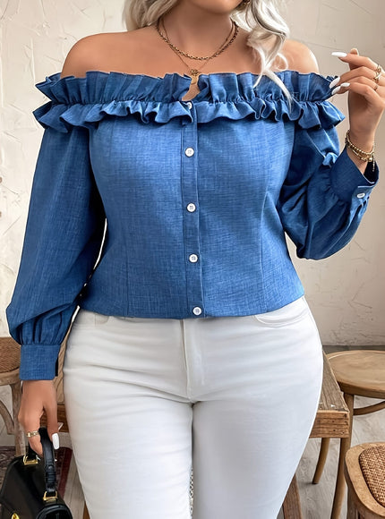 jkthpu-45 [Elegant Blouse] Polyester Elegant Off-Shoulder Ruffle Blouse for