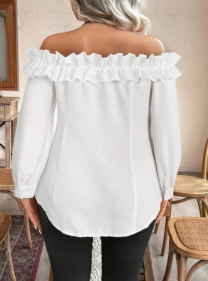 jkthpu-45 [Elegant Blouse] Polyester Elegant Off-Shoulder Ruffle Blouse for
