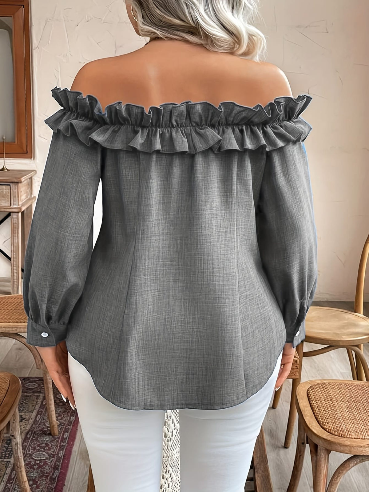 jkthpu-45 [Elegant Blouse] Polyester Elegant Off-Shoulder Ruffle Blouse for