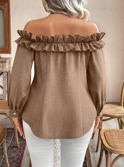 jkthpu-45 [Elegant Blouse] Polyester Elegant Off-Shoulder Ruffle Blouse for