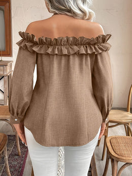jkthpu-45 [Elegant Blouse] Polyester Elegant Off-Shoulder Ruffle Blouse for