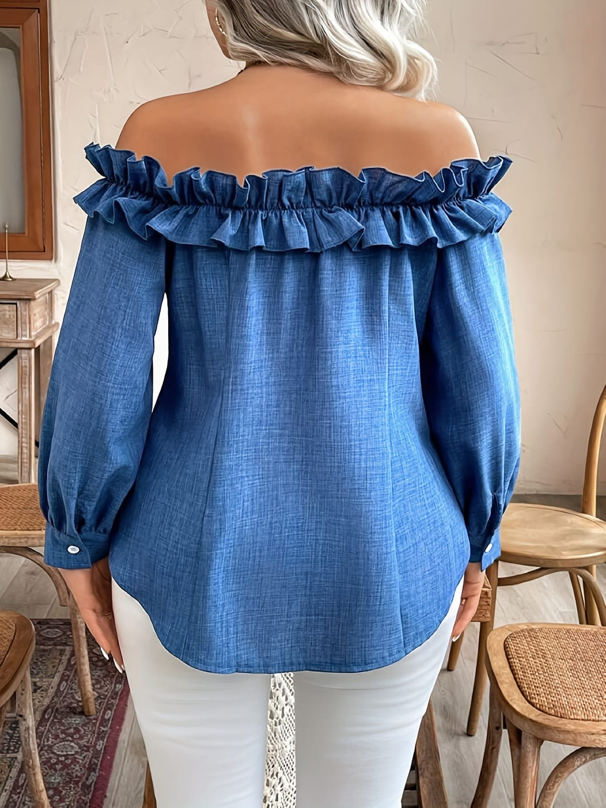 jkthpu-45 [Elegant Blouse] Polyester Elegant Off-Shoulder Ruffle Blouse for