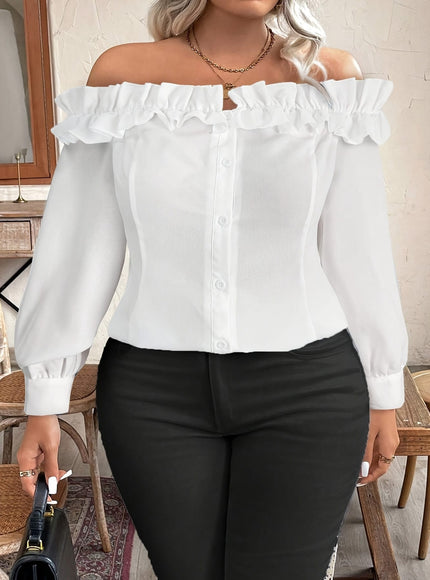 jkthpu-45 [Elegant Blouse] Polyester Elegant Off-Shoulder Ruffle Blouse for