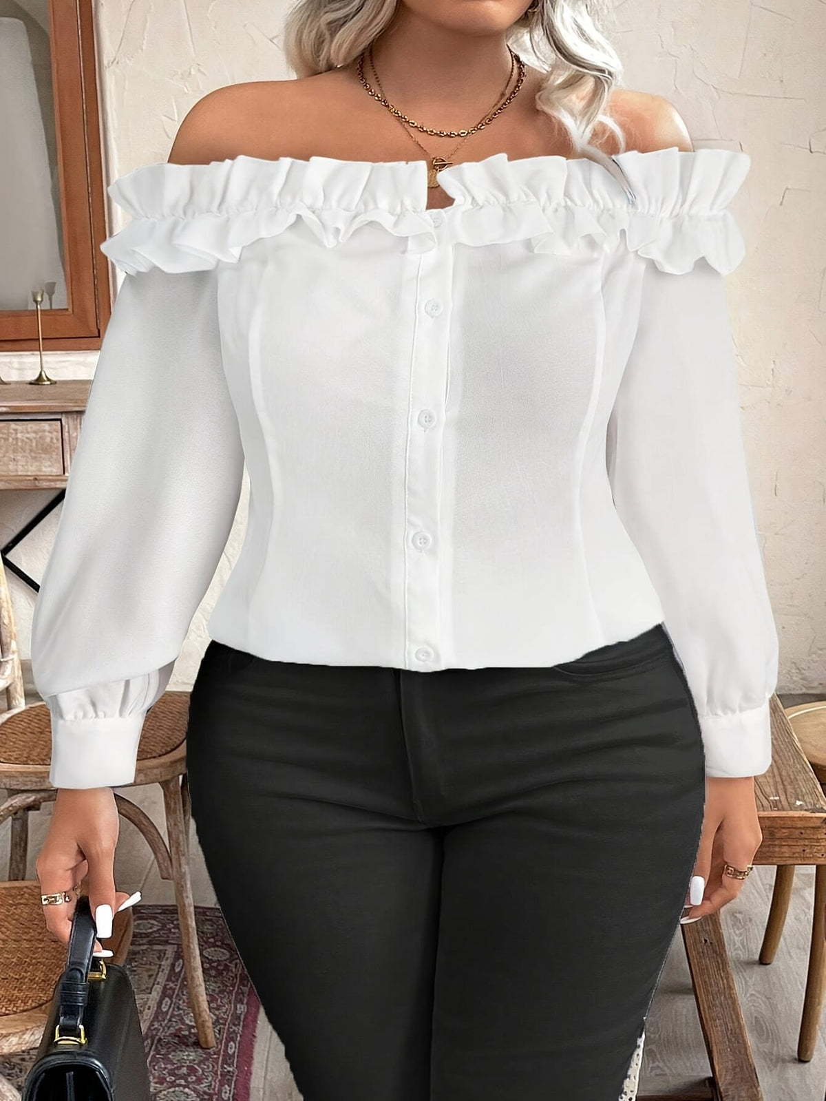 jkthpu-45 [Elegant Blouse] Polyester Elegant Off-Shoulder Ruffle Blouse for
