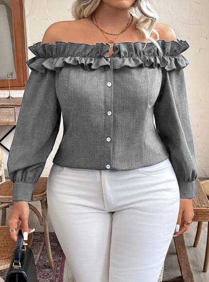 jkthpu-45 [Elegant Blouse] Polyester Elegant Off-Shoulder Ruffle Blouse for