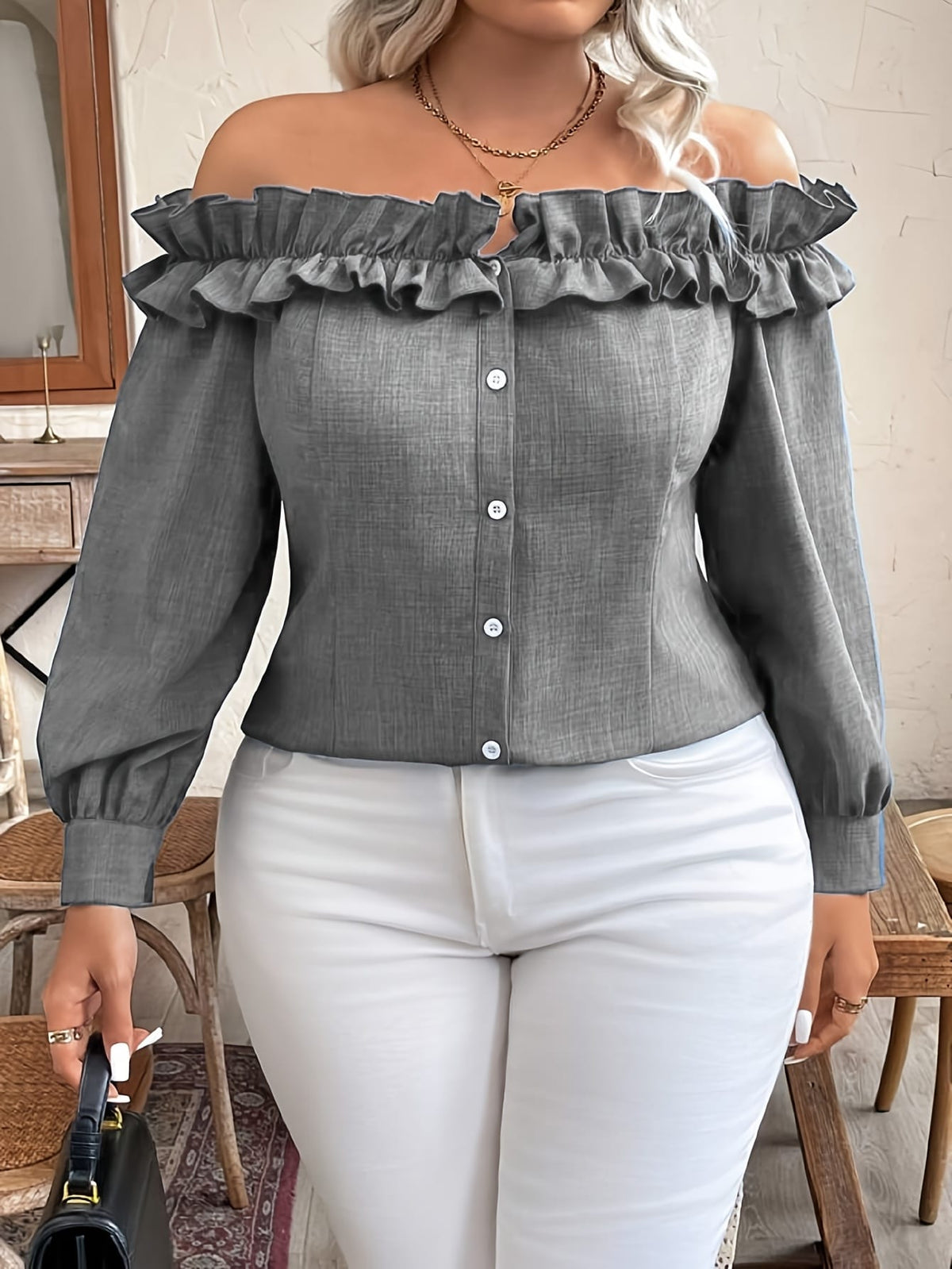 jkthpu-45 [Elegant Blouse] Polyester Elegant Off-Shoulder Ruffle Blouse for
