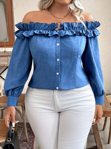 jkthpu-45 [Elegant Blouse] Polyester Elegant Off-Shoulder Ruffle Blouse for