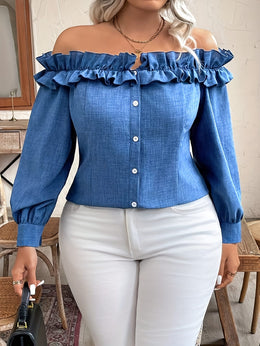 jkthpu-45 [Elegant Blouse] Polyester Elegant Off-Shoulder Ruffle Blouse for