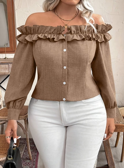 jkthpu-45 [Elegant Blouse] Polyester Elegant Off-Shoulder Ruffle Blouse for