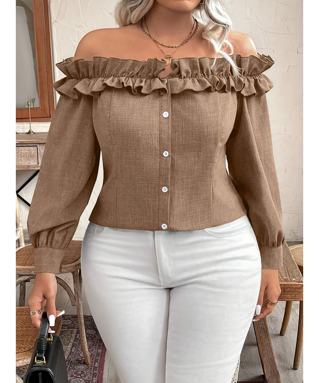 jkthpu-45 [Elegant Blouse] Polyester Elegant Off-Shoulder Ruffle Blouse for