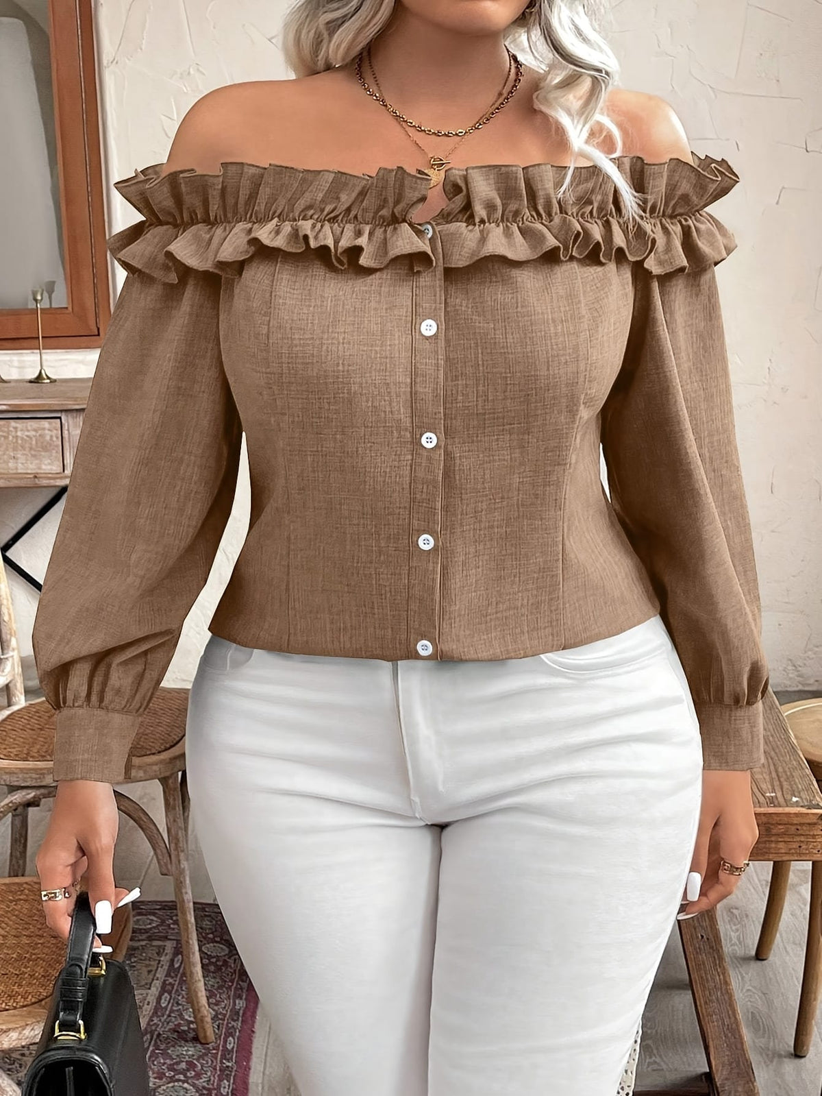 jkthpu-45 [Elegant Blouse] Polyester Elegant Off-Shoulder Ruffle Blouse for