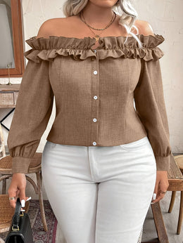 jkthpu-45 [Elegant Blouse] Polyester Elegant Off-Shoulder Ruffle Blouse for