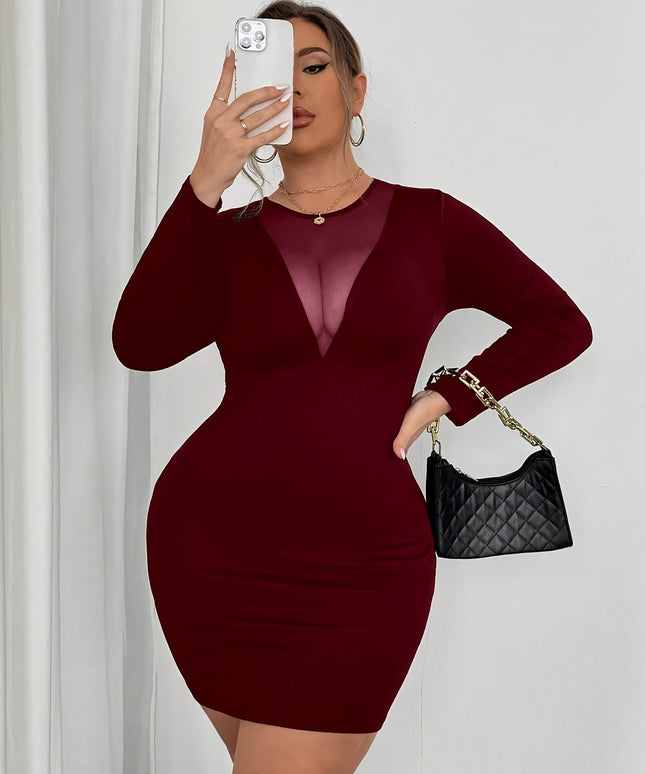 jkthpu-45 Elegant Burgundy VNeck Plus Size Bodycon Mini Party Dress