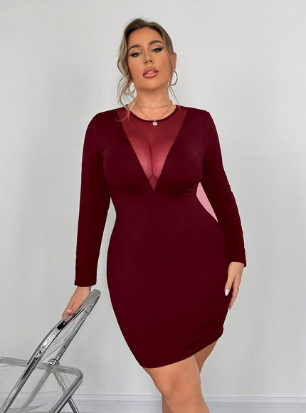 jkthpu-45 Elegant Burgundy VNeck Plus Size Bodycon Mini Party Dress