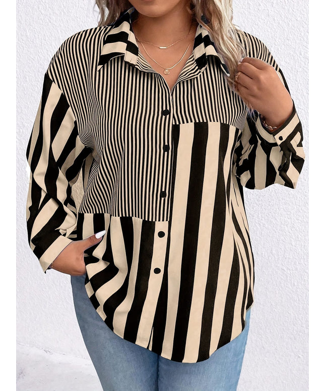 KissICON [Elegant | Casual] Casual Plus Size Striped Colorblock Shirt | Elegant Long Sleeve, Button-Up with Drop Shoulder Design | for Spring & Fall
