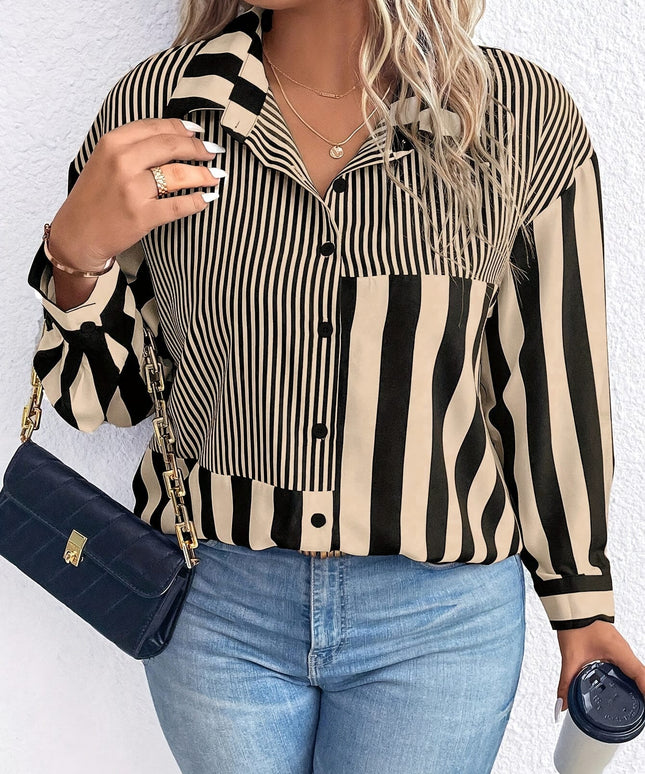 KissICON [Elegant | Casual] Casual Plus Size Striped Colorblock Shirt | Elegant Long Sleeve, Button-Up with Drop Shoulder Design | for Spring & Fall