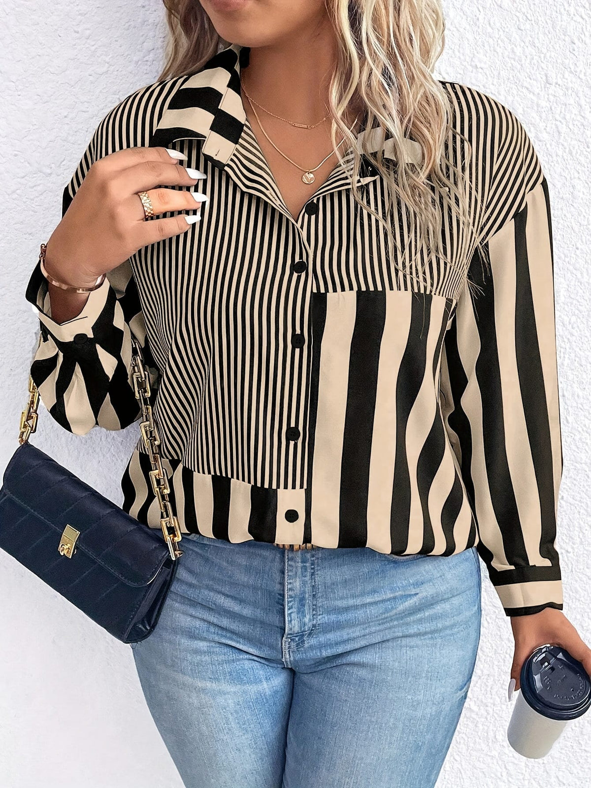 KissICON [Elegant | Casual] Casual Plus Size Striped Colorblock Shirt | Elegant Long Sleeve, Button-Up with Drop Shoulder Design | for Spring & Fall