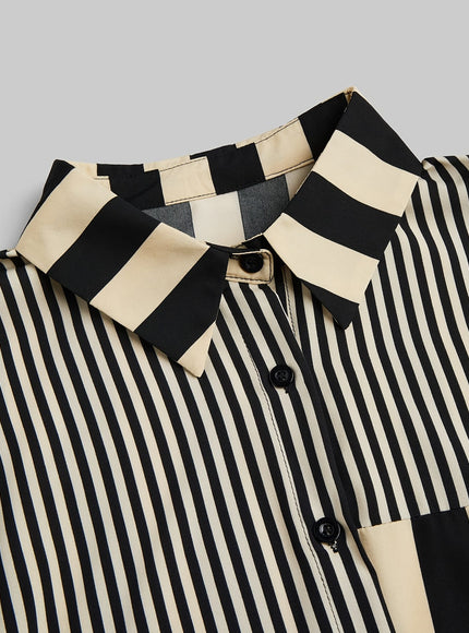 KissICON [Elegant | Casual] Casual Plus Size Striped Colorblock Shirt | Elegant Long Sleeve, Button-Up with Drop Shoulder Design | for Spring & Fall