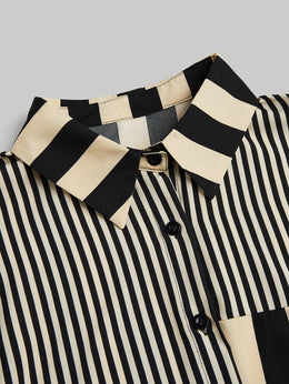 KissICON [Elegant | Casual] Casual Plus Size Striped Colorblock Shirt | Elegant Long Sleeve, Button-Up with Drop Shoulder Design | for Spring & Fall