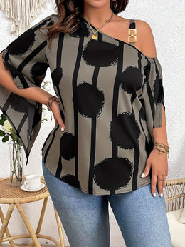 jkthpu-45 Elegant Cold Shoulder Chain Print Blouse  Plus Size