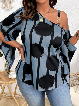 jkthpu-45 Elegant Cold Shoulder Chain Print Blouse  Plus Size