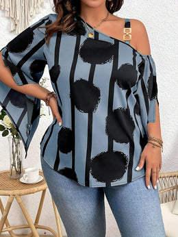 jkthpu-45 Elegant Cold Shoulder Chain Print Blouse  Plus Size