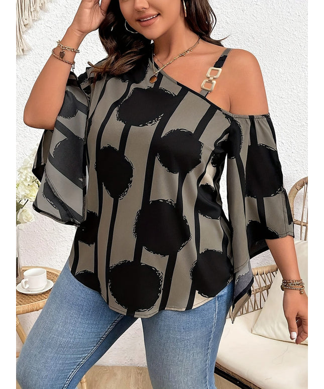 jkthpu-45 Elegant Cold Shoulder Chain Print Blouse  Plus Size