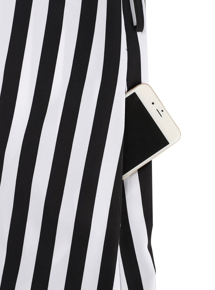 jkthpu-45 [Elegant Collar Button Front Dress] Elegant Plus Size Striped Long Dress with Collar, Button Front, Side Slit & Pockets - Polyester, Non-Stretch Fabric for Spring/Autumn