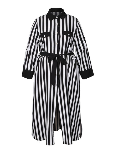 jkthpu-45 [Elegant Collar Button Front Dress] Elegant Plus Size Striped Long Dress with Collar, Button Front, Side Slit & Pockets - Polyester, Non-Stretch Fabric for Spring/Autumn