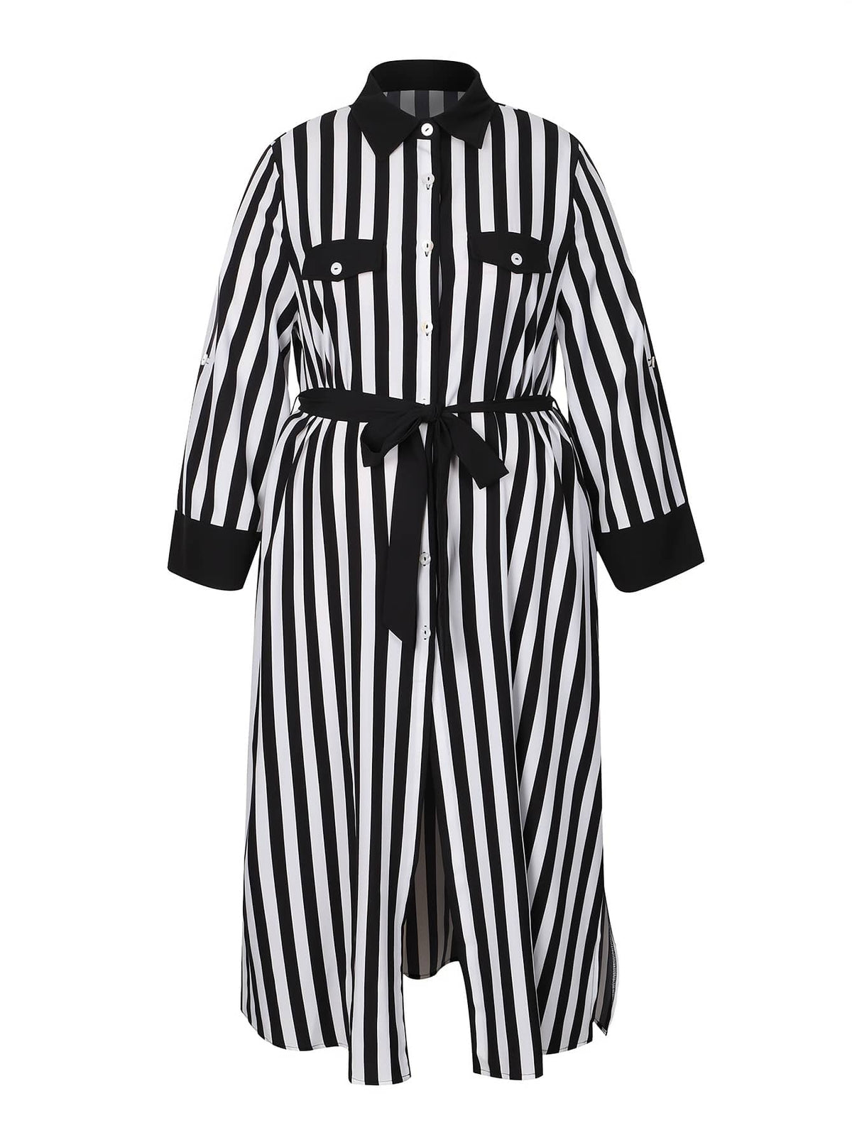 jkthpu-45 [Elegant Collar Button Front Dress] Elegant Plus Size Striped Long Dress with Collar, Button Front, Side Slit & Pockets - Polyester, Non-Stretch Fabric for Spring/Autumn