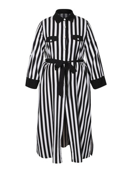 jkthpu-45 [Elegant Collar Button Front Dress] Elegant Plus Size Striped Long Dress with Collar, Button Front, Side Slit & Pockets - Polyester, Non-Stretch Fabric for Spring/Autumn