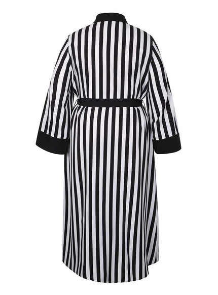 jkthpu-45 [Elegant Collar Button Front Dress] Elegant Plus Size Striped Long Dress with Collar, Button Front, Side Slit & Pockets - Polyester, Non-Stretch Fabric for Spring/Autumn