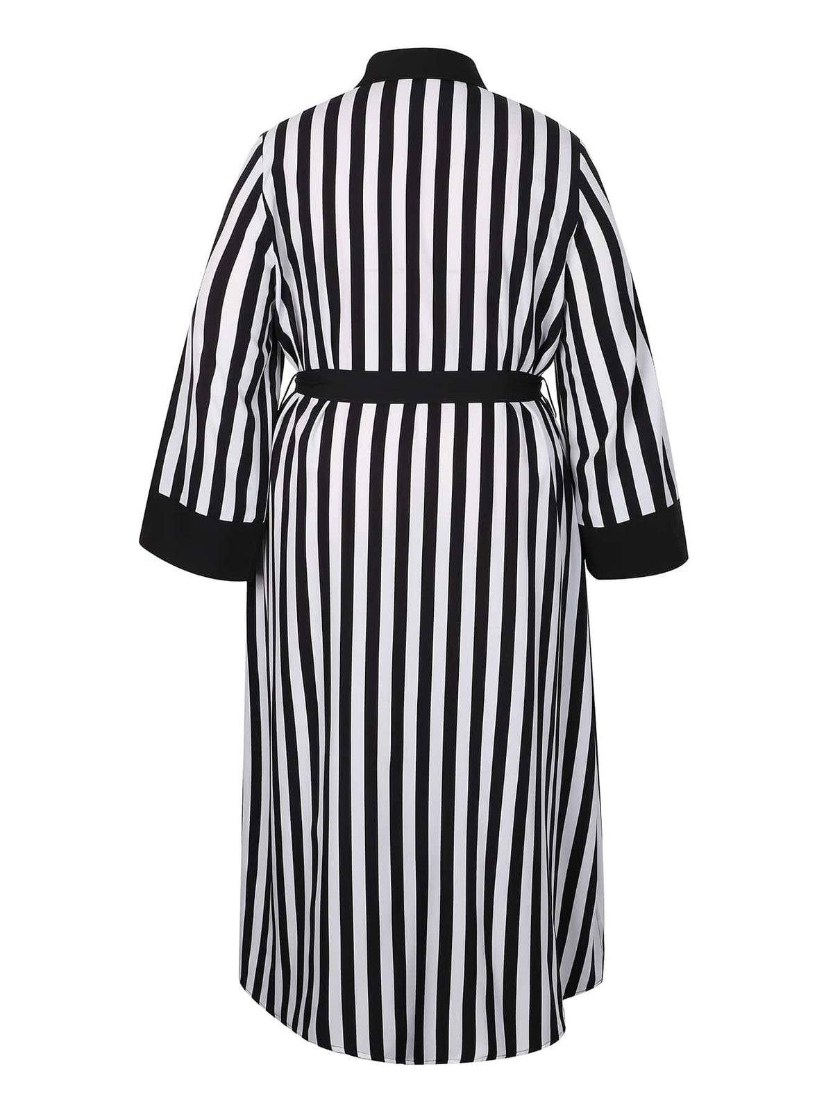 jkthpu-45 [Elegant Collar Button Front Dress] Elegant Plus Size Striped Long Dress with Collar, Button Front, Side Slit & Pockets - Polyester, Non-Stretch Fabric for Spring/Autumn