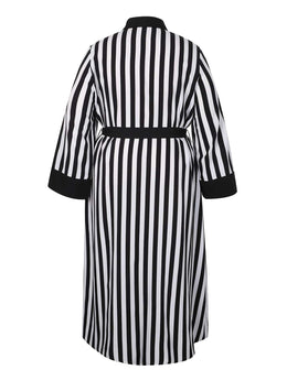 jkthpu-45 [Elegant Collar Button Front Dress] Elegant Plus Size Striped Long Dress with Collar, Button Front, Side Slit & Pockets - Polyester, Non-Stretch Fabric for Spring/Autumn