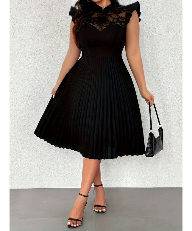jkthpu-45 Elegant Contrast Lace Sleeveless Midi Dress - Black & White A-Line Ruffled Hem, Stretchy Polyester-Spandex Blend, Loose Fit for Casual & Formal Occasions