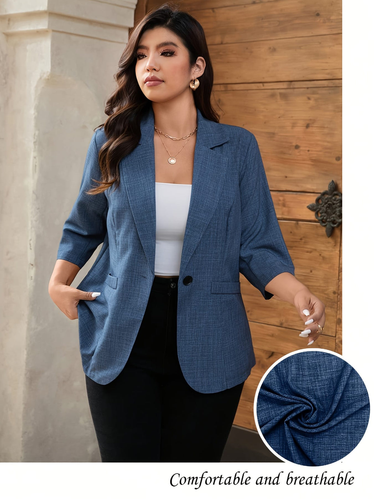 KissICON Elegant Curve 34 Sleeve Blue Blazer