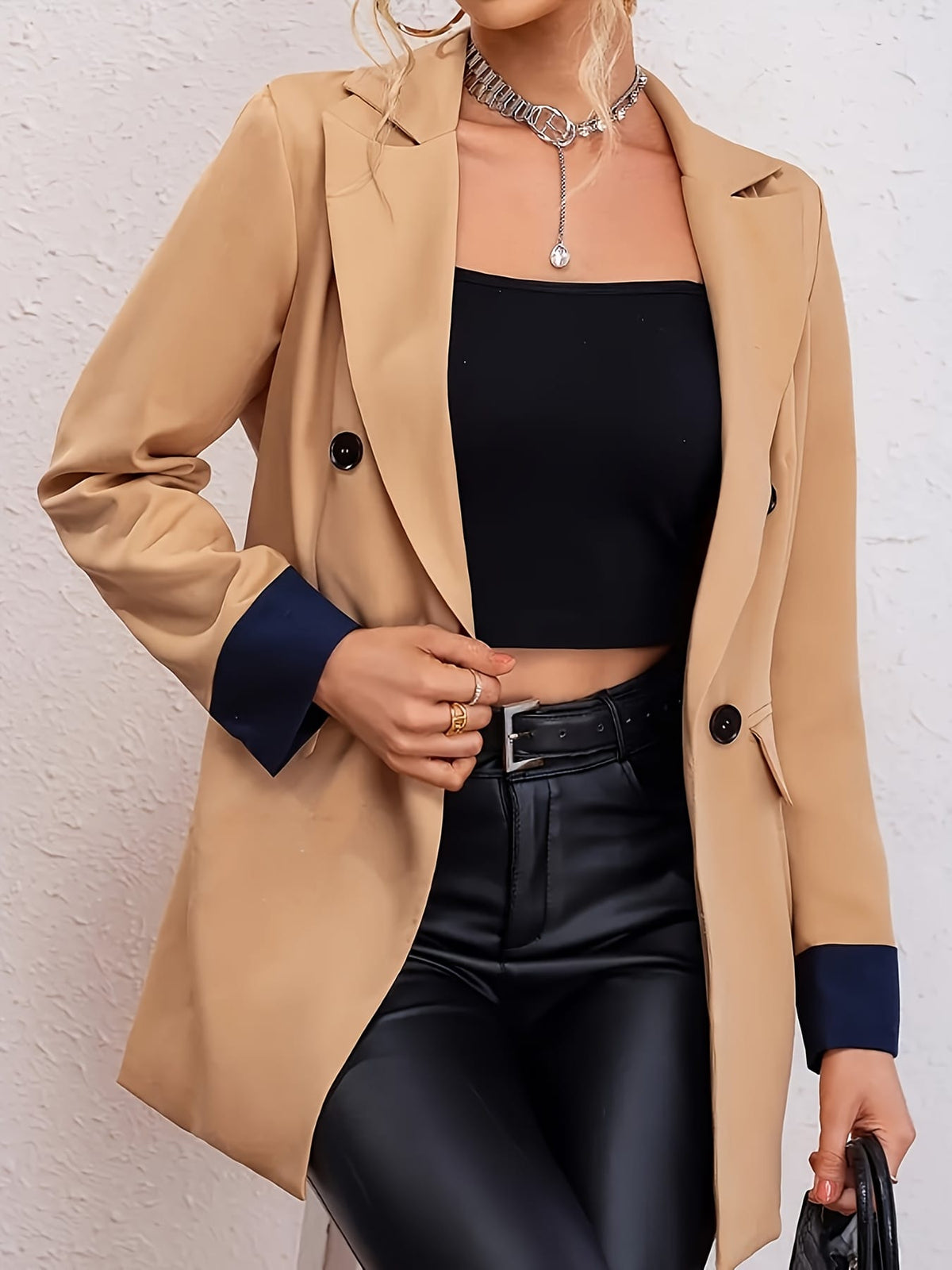 KissICON Elegant Curve Color Block Lapel Collar Business Blazer