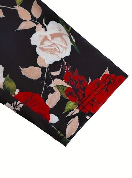 KissICON Elegant Curve Floral Blazer – Black Red Roses