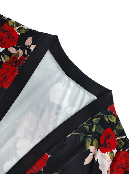 KissICON Elegant Curve Floral Blazer – Black Red Roses
