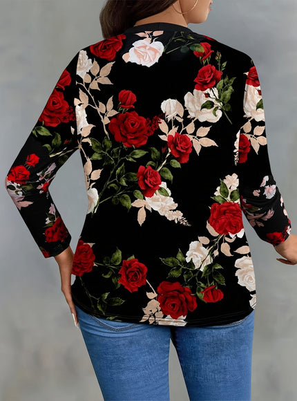 KissICON Elegant Curve Floral Blazer – Black Red Roses